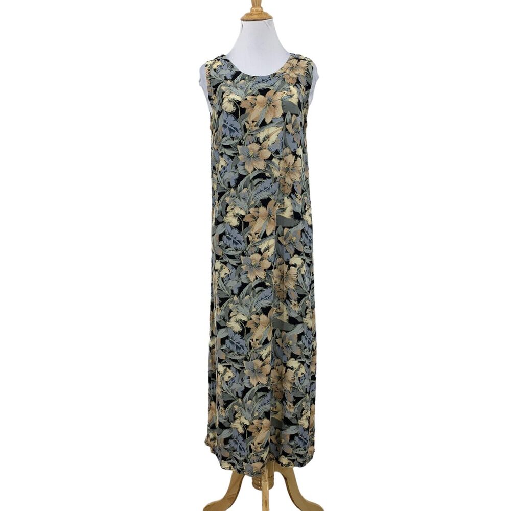 Vintage Hibiscus Collection Floral Maxi Dress S Small Side Slit Rayon Sleeveless